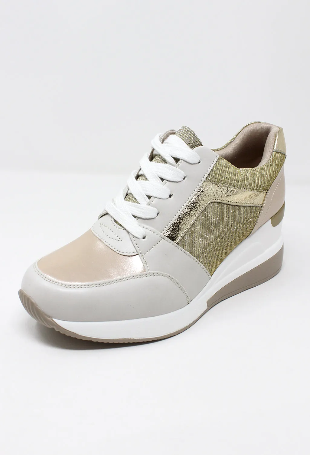 Stylish Beige Laced Trainer with Glitter panels