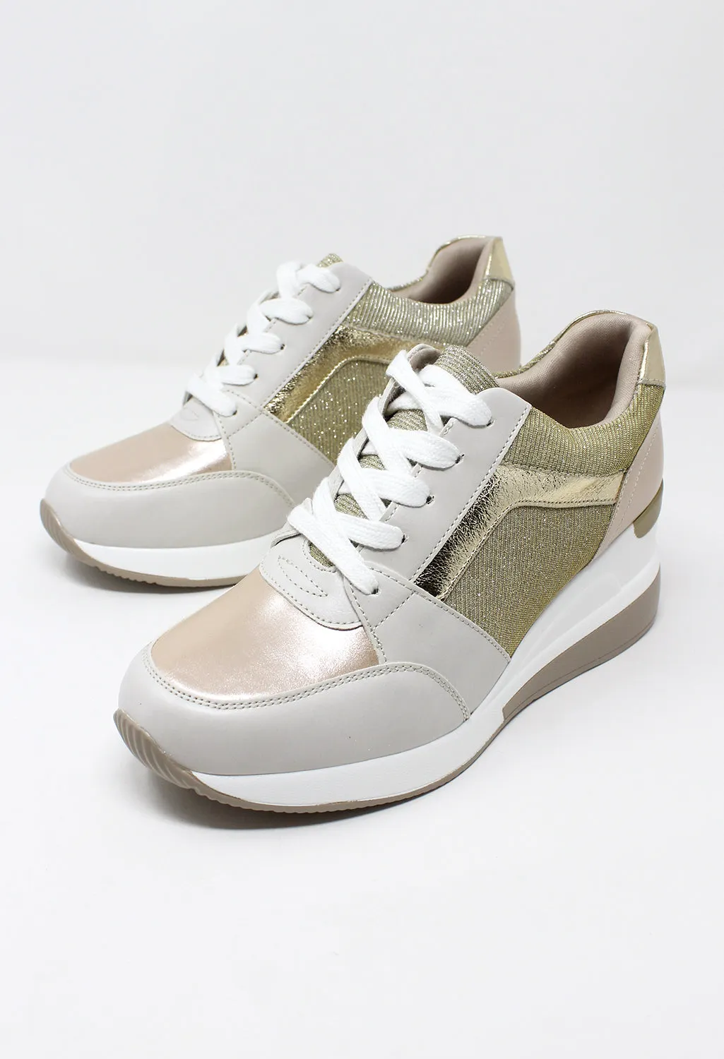Stylish Beige Laced Trainer with Glitter panels
