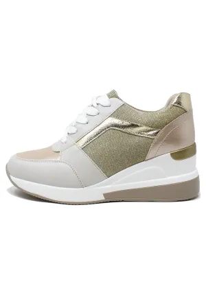 Stylish Beige Laced Trainer with Glitter panels