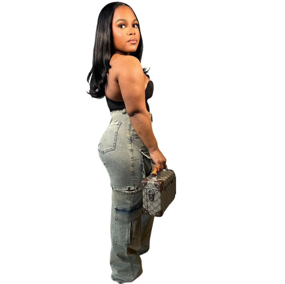 Trendy High-Waisted Cargo Denim Jeans with Removable Pocket Design