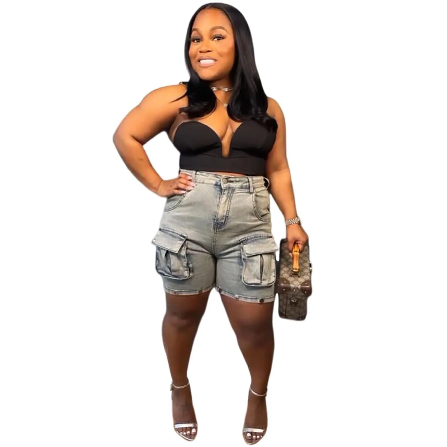 Trendy High-Waisted Cargo Denim Jeans with Removable Pocket Design