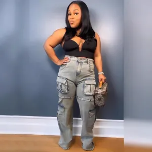 Trendy High-Waisted Cargo Denim Jeans with Removable Pocket Design