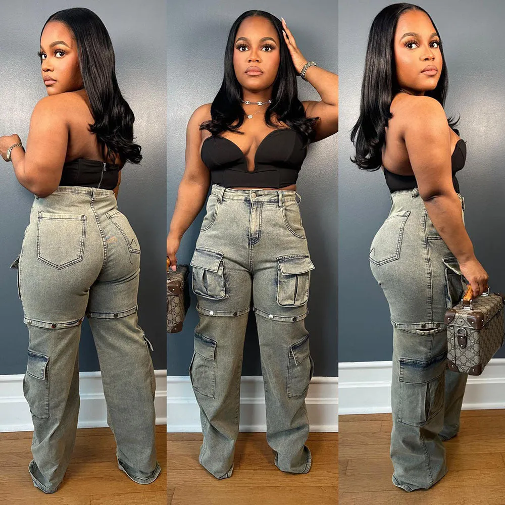 Trendy High-Waisted Cargo Denim Jeans with Removable Pocket Design