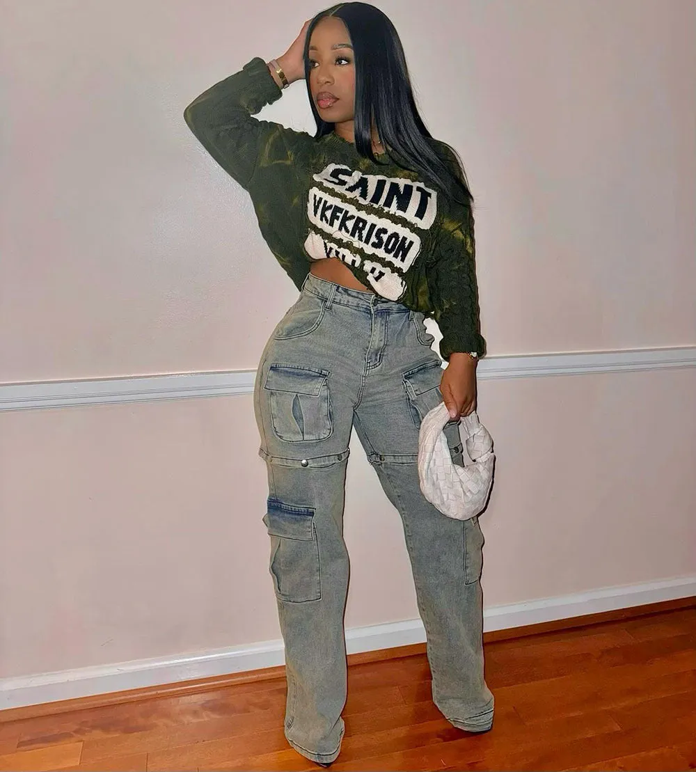 Trendy High-Waisted Cargo Denim Jeans with Removable Pocket Design
