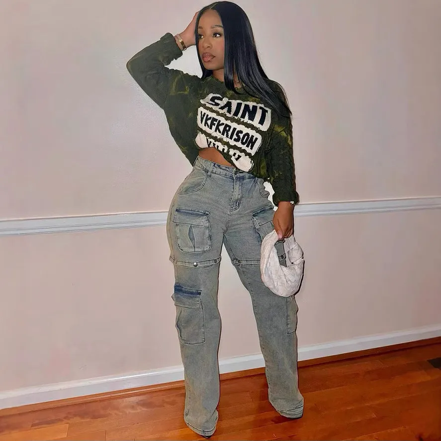 Trendy High-Waisted Cargo Denim Jeans with Removable Pocket Design