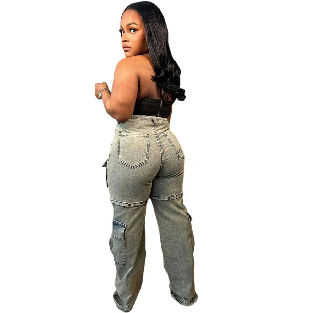 Trendy High-Waisted Cargo Denim Jeans with Removable Pocket Design