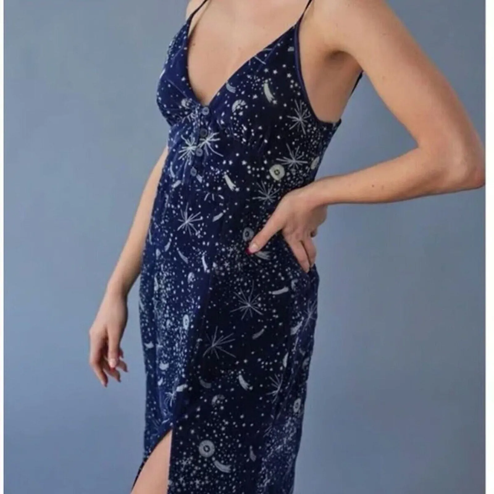 Urban Outfitters Women's Velvet Midi Dress – Navy, Celestial Horoscope, Size Small