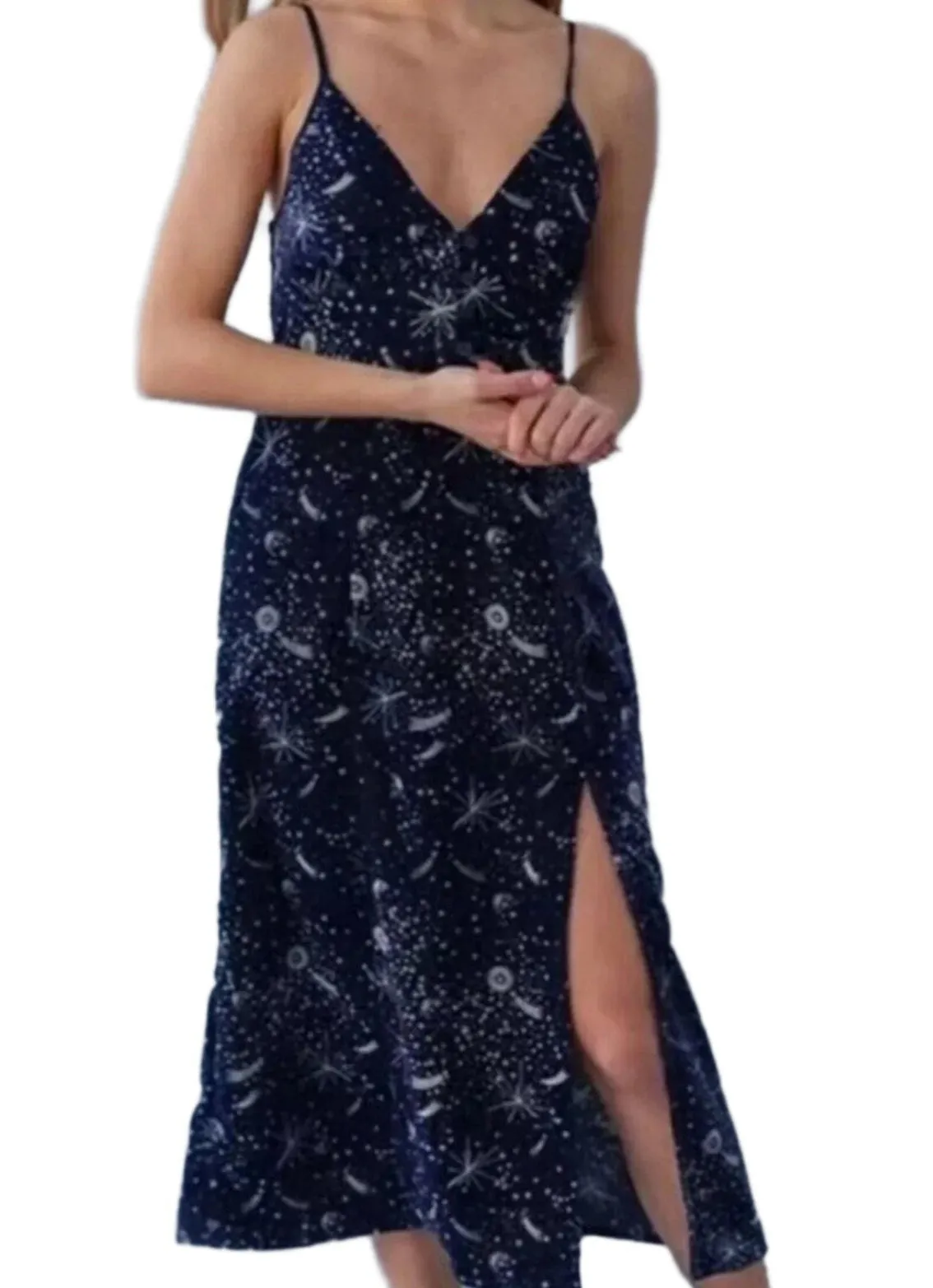 Urban Outfitters Women's Velvet Midi Dress – Navy, Celestial Horoscope, Size Small
