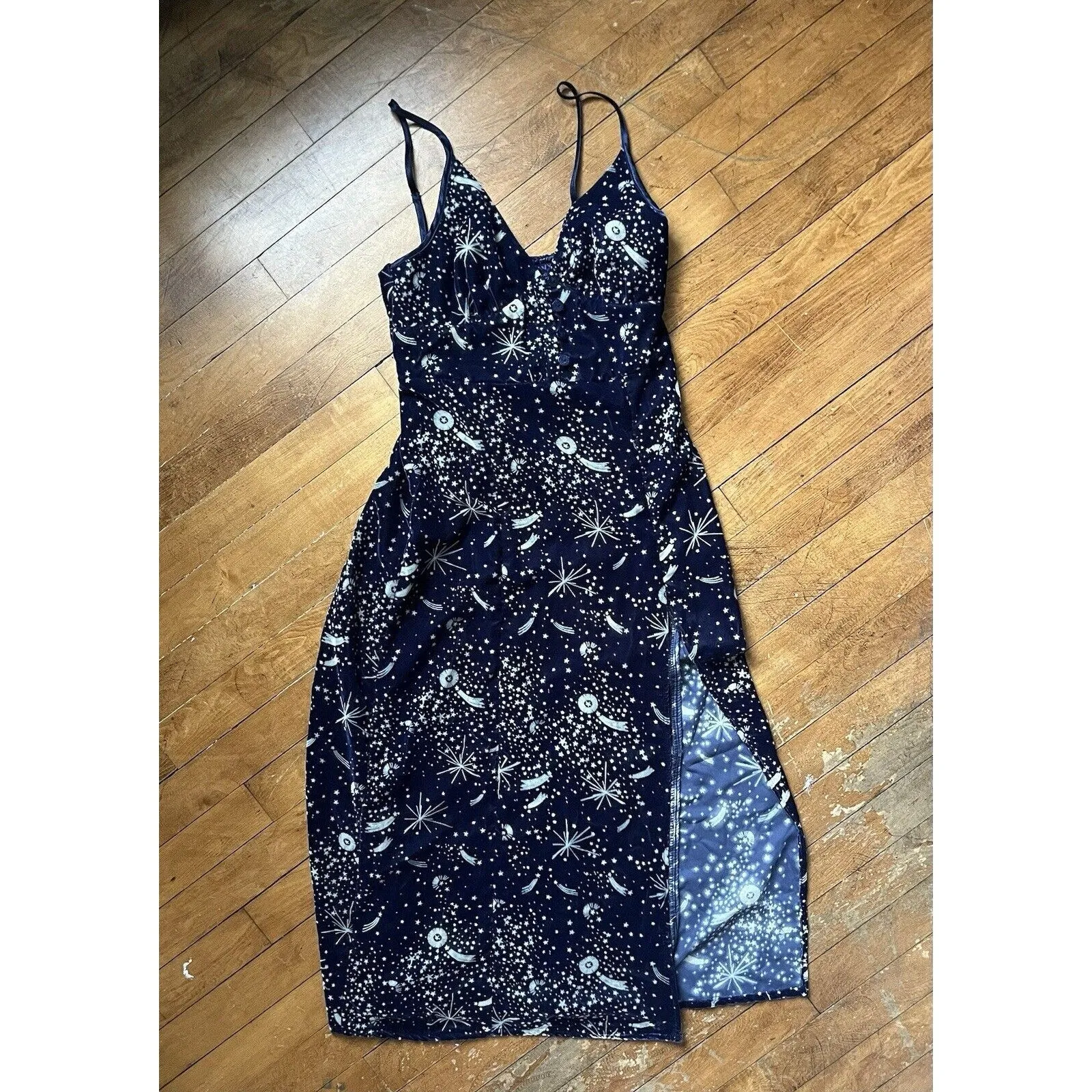 Urban Outfitters Women's Velvet Midi Dress – Navy, Celestial Horoscope, Size Small