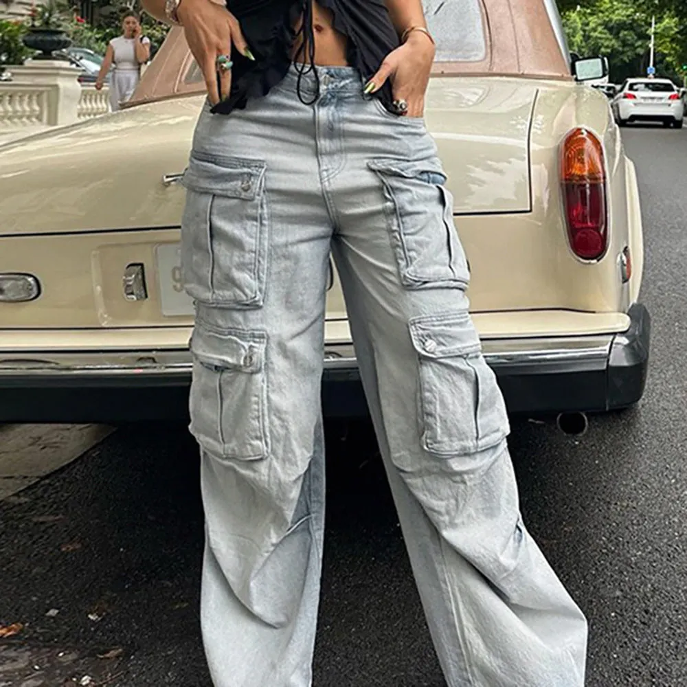 Vintage-Inspired Multi-Pocket Cargo Straight-Leg Denim Jeans