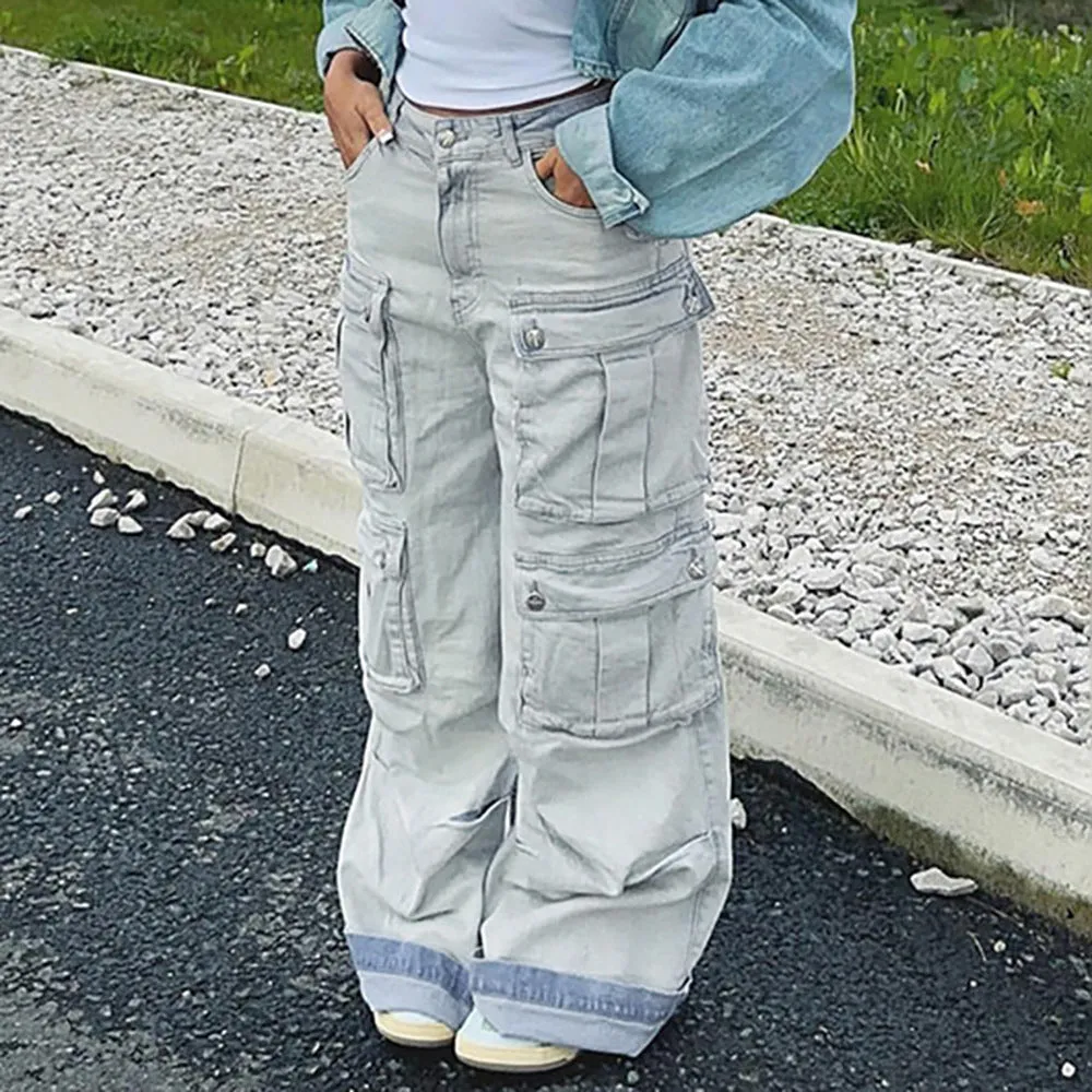 Vintage-Inspired Multi-Pocket Cargo Straight-Leg Denim Jeans