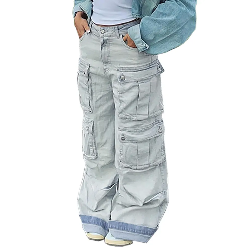 Vintage-Inspired Multi-Pocket Cargo Straight-Leg Denim Jeans