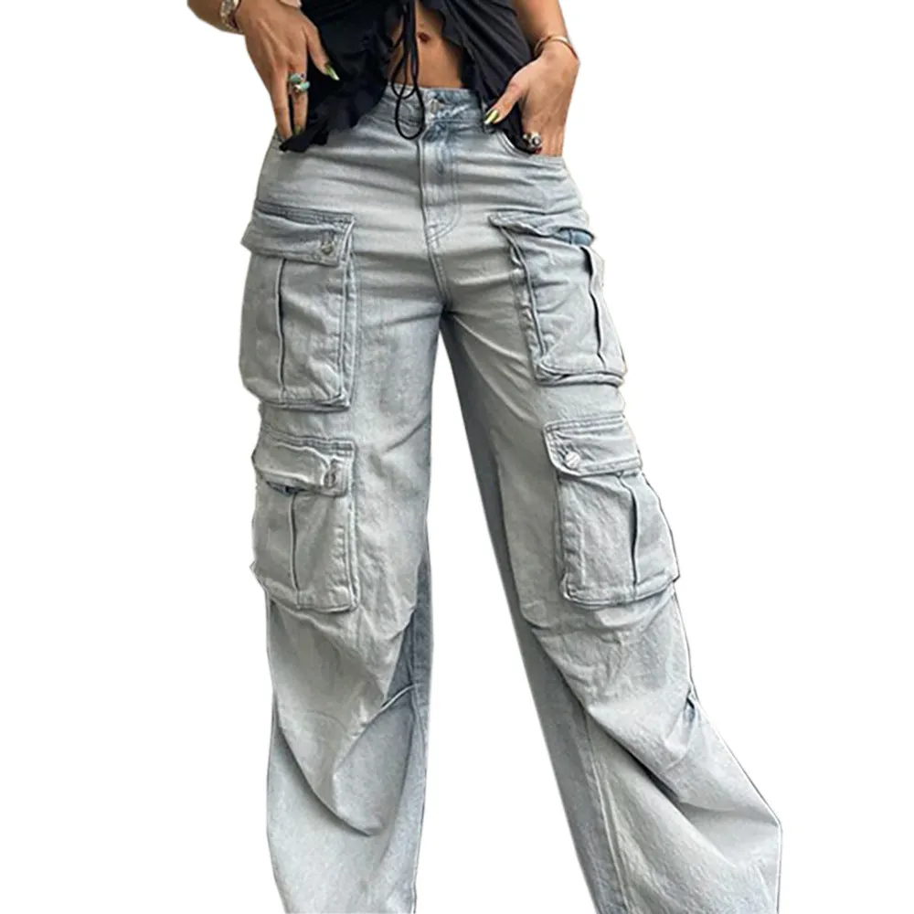 Vintage-Inspired Multi-Pocket Cargo Straight-Leg Denim Jeans
