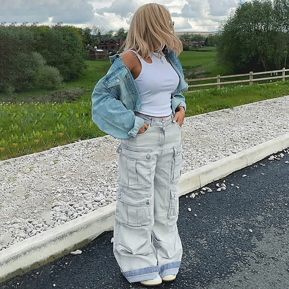 Vintage-Inspired Multi-Pocket Cargo Straight-Leg Denim Jeans