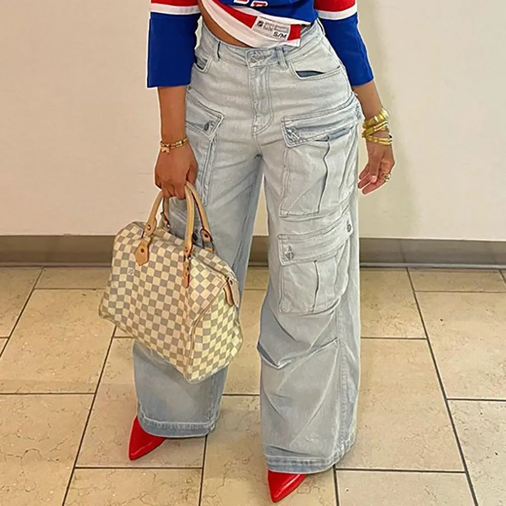 Vintage-Inspired Multi-Pocket Cargo Straight-Leg Denim Jeans