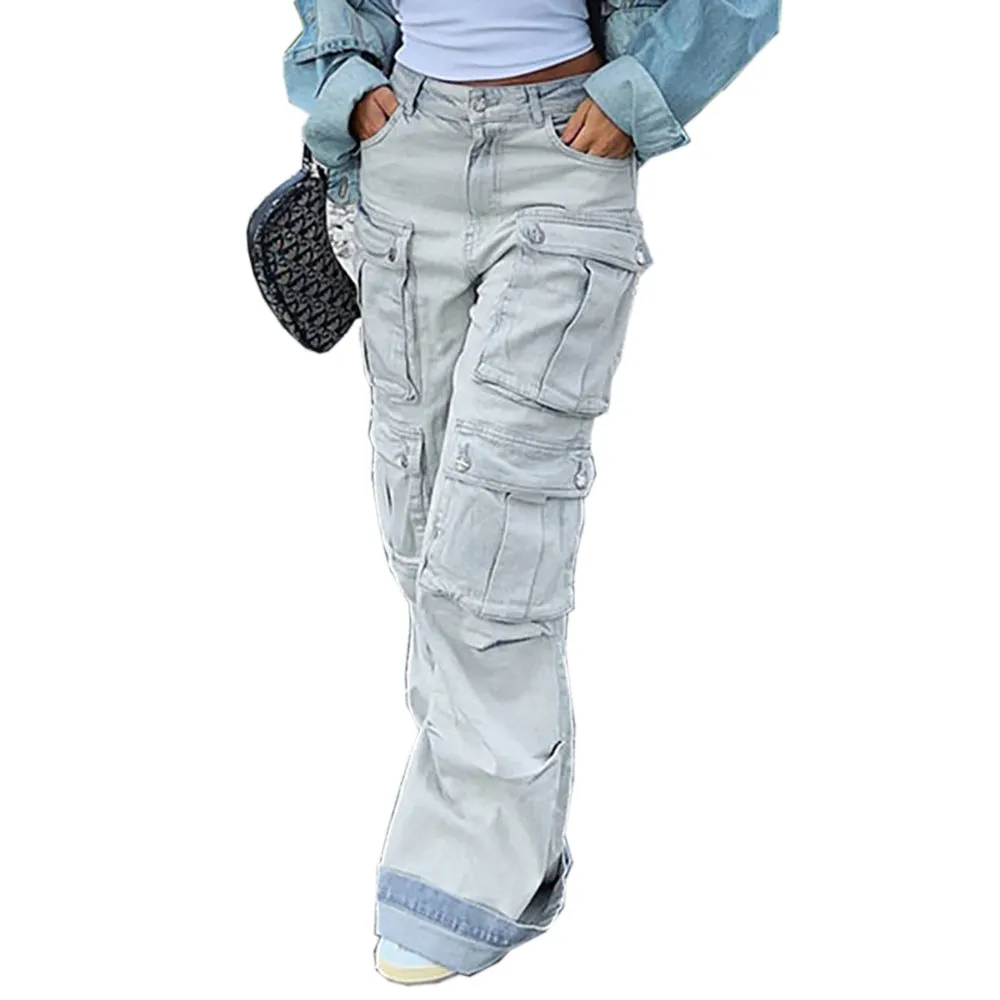 Vintage-Inspired Multi-Pocket Cargo Straight-Leg Denim Jeans