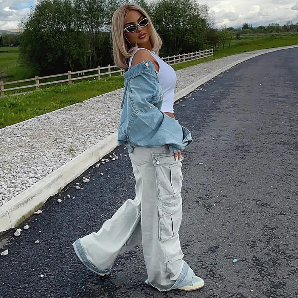 Vintage-Inspired Multi-Pocket Cargo Straight-Leg Denim Jeans