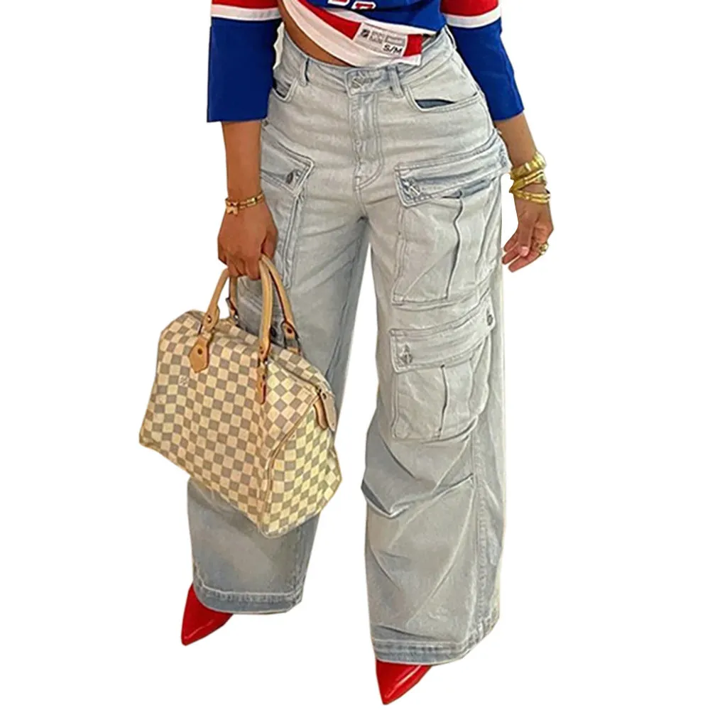 Vintage-Inspired Multi-Pocket Cargo Straight-Leg Denim Jeans