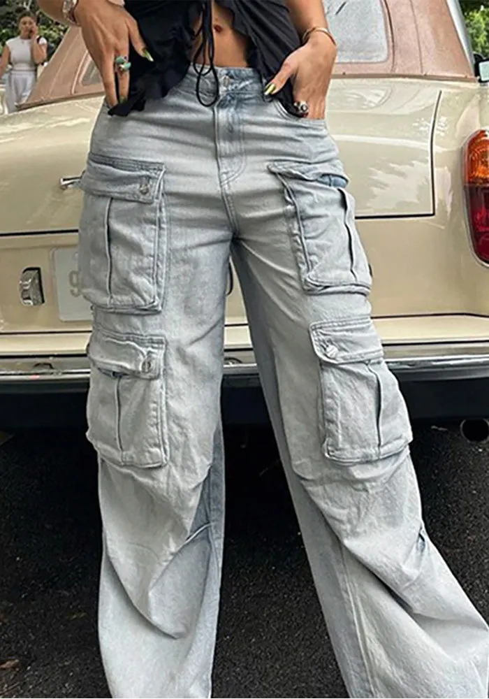 Vintage-Inspired Multi-Pocket Cargo Straight-Leg Denim Jeans
