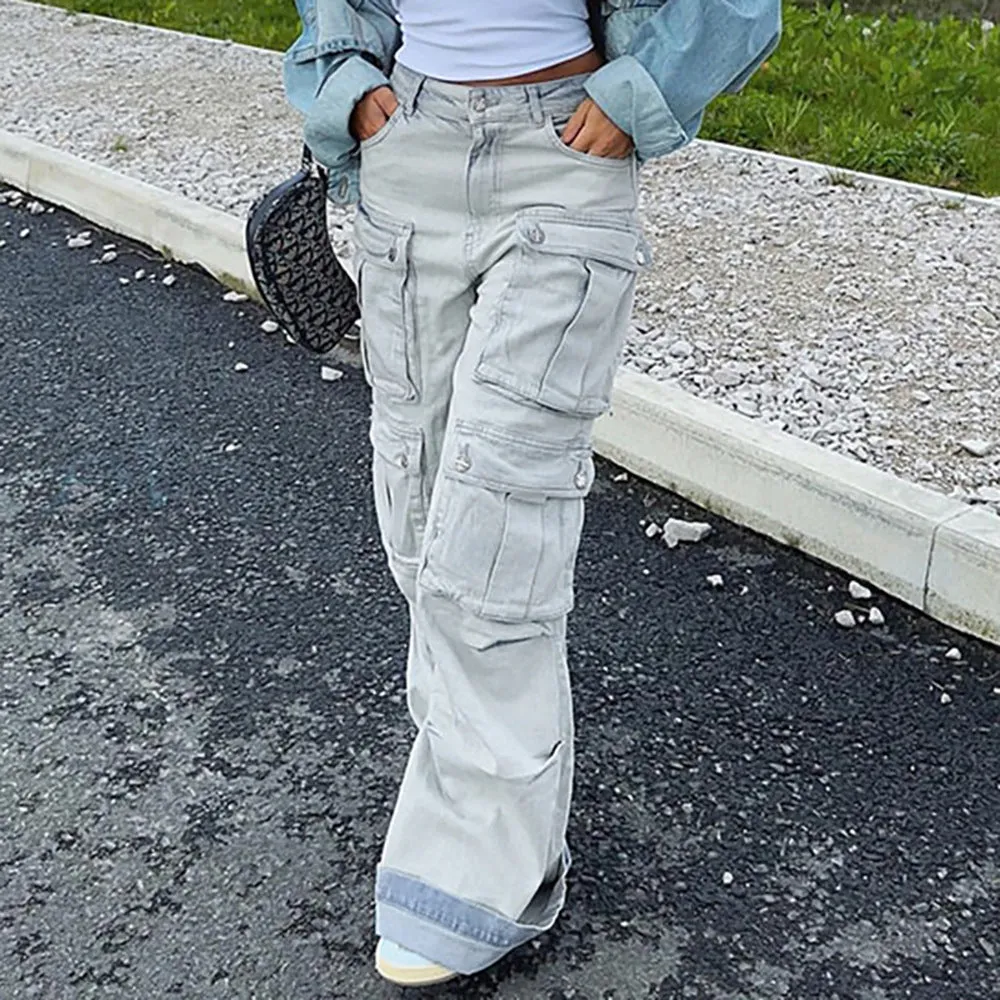 Vintage-Inspired Multi-Pocket Cargo Straight-Leg Denim Jeans