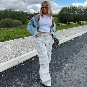 Vintage-Inspired Multi-Pocket Cargo Straight-Leg Denim Jeans