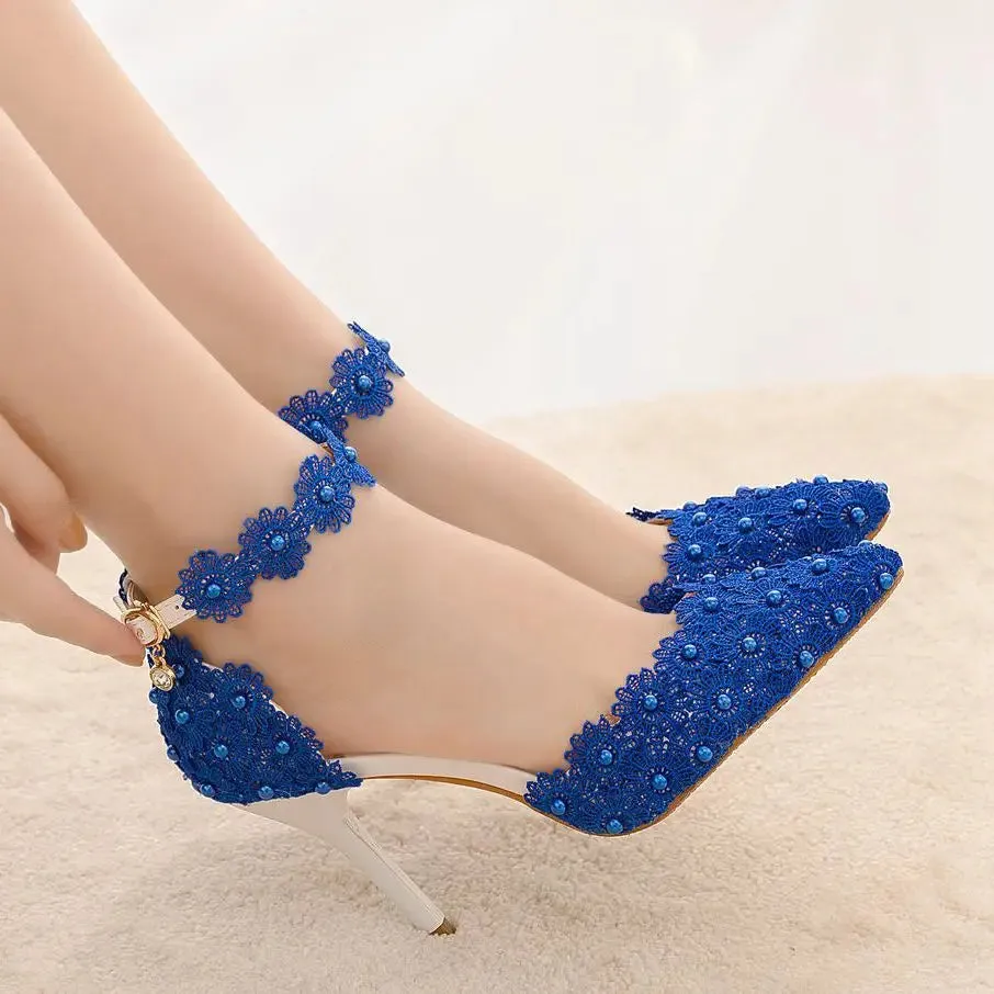 VougeVamp Women's Rhinestone Lace Wedding Heels – Elegant White Bridal Ankle Strap Pumps