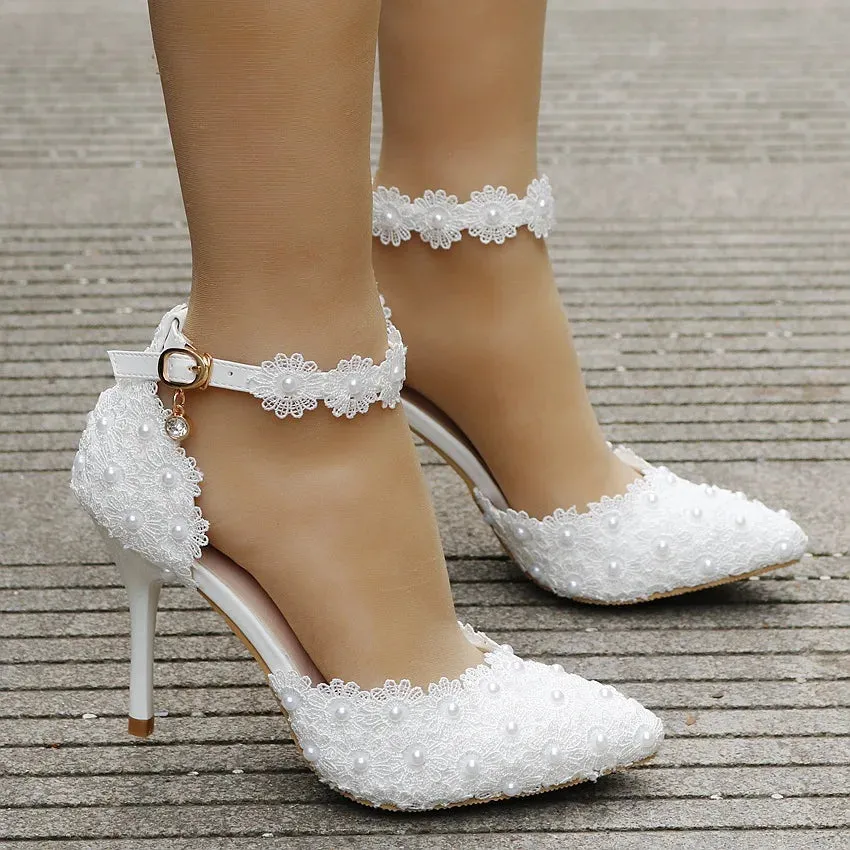 VougeVamp Women's Rhinestone Lace Wedding Heels – Elegant White Bridal Ankle Strap Pumps