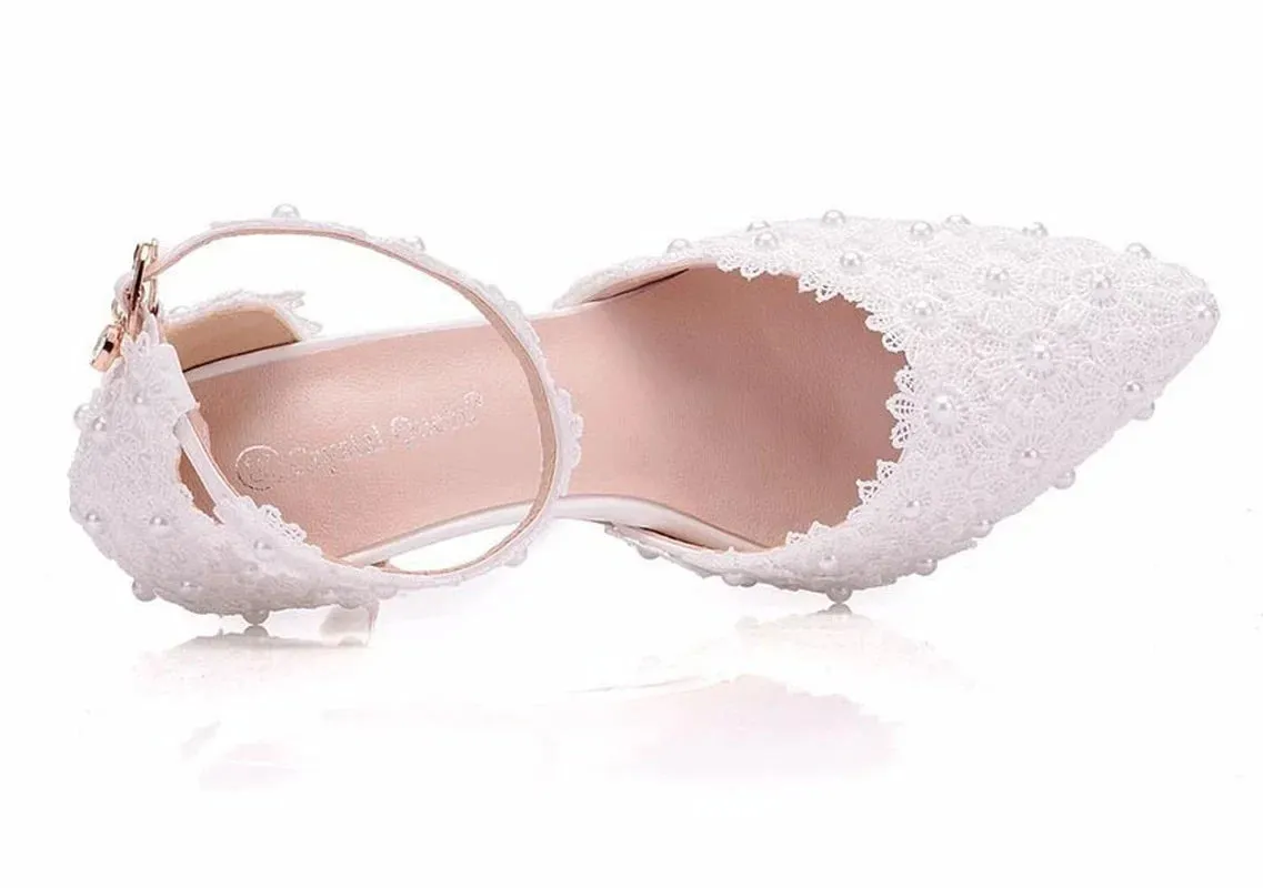 VougeVamp Women's Rhinestone Lace Wedding Heels – Elegant White Bridal Ankle Strap Pumps