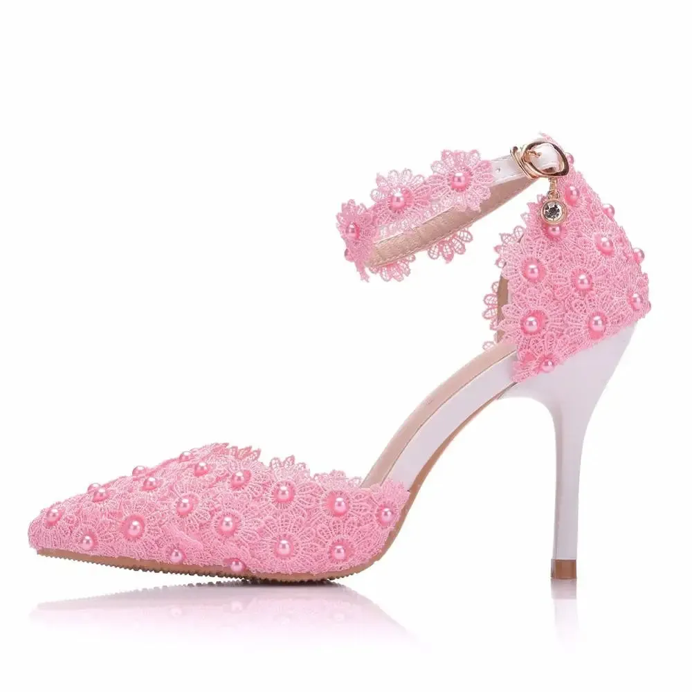 VougeVamp Women's Rhinestone Lace Wedding Heels – Elegant White Bridal Ankle Strap Pumps