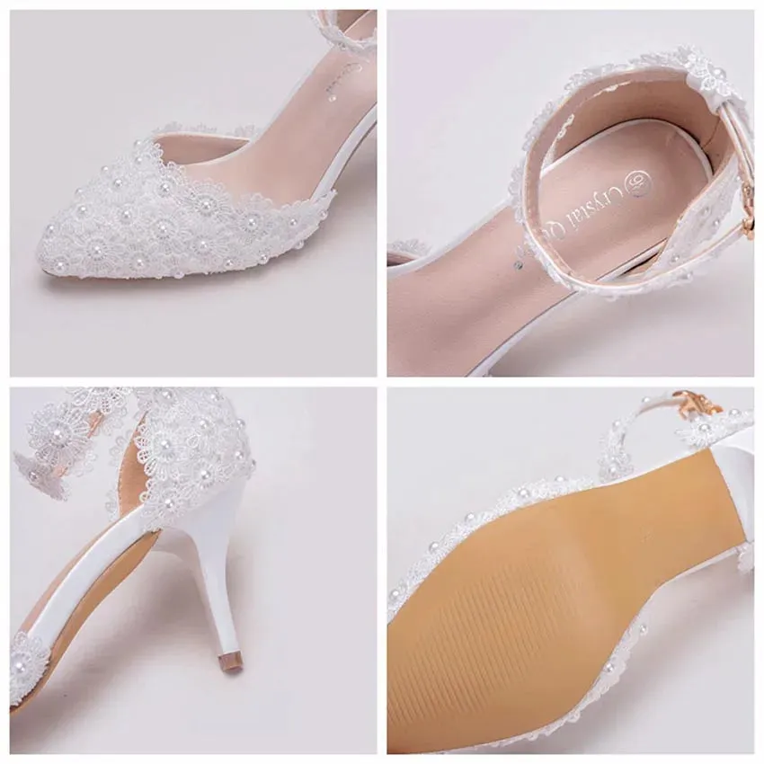 VougeVamp Women's Rhinestone Lace Wedding Heels – Elegant White Bridal Ankle Strap Pumps