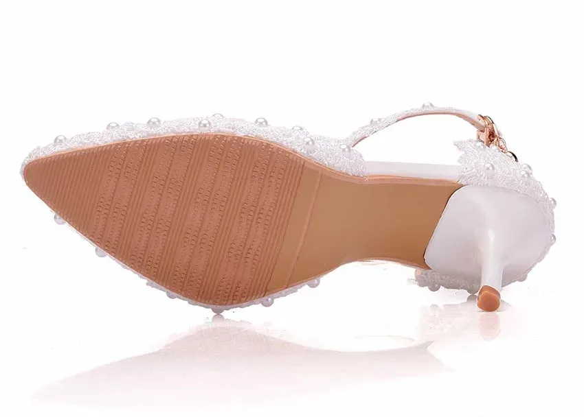 VougeVamp Women's Rhinestone Lace Wedding Heels – Elegant White Bridal Ankle Strap Pumps