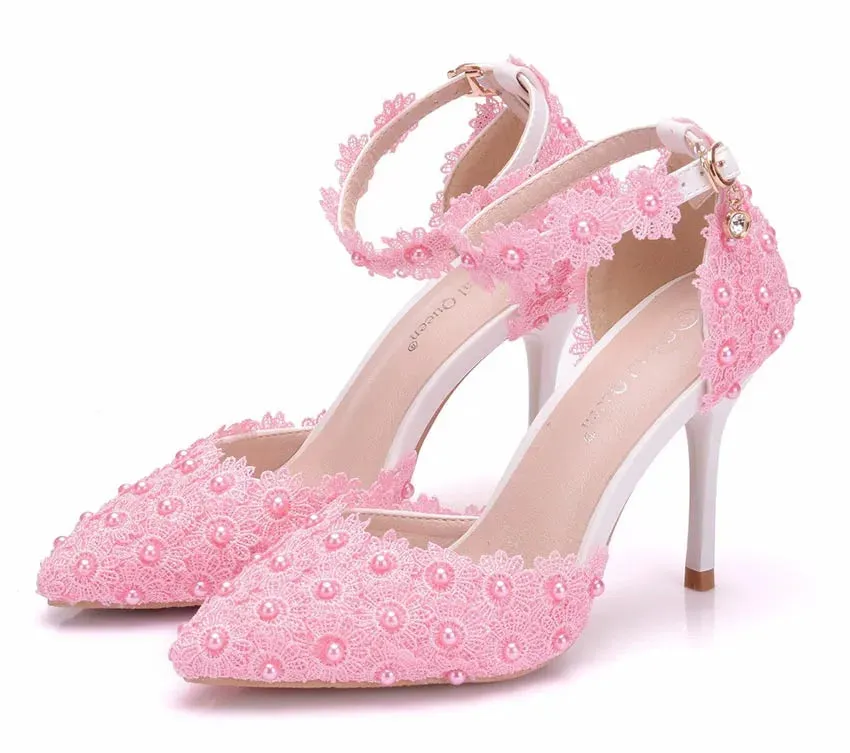 VougeVamp Women's Rhinestone Lace Wedding Heels – Elegant White Bridal Ankle Strap Pumps