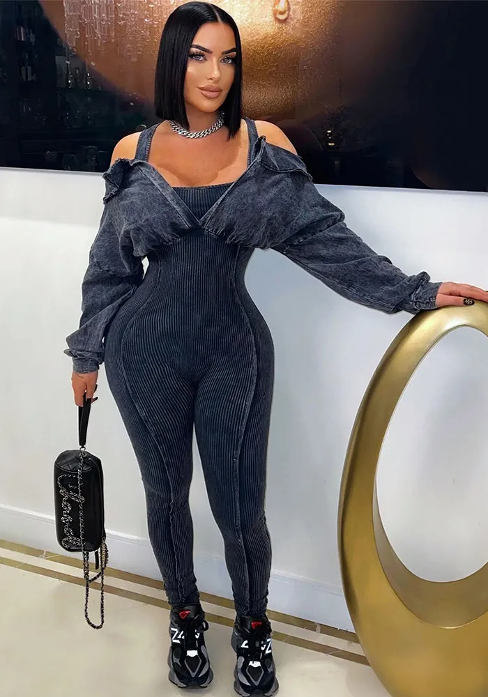Washed Off-Shoulder Tight-Fitting Knit Jumpsuit