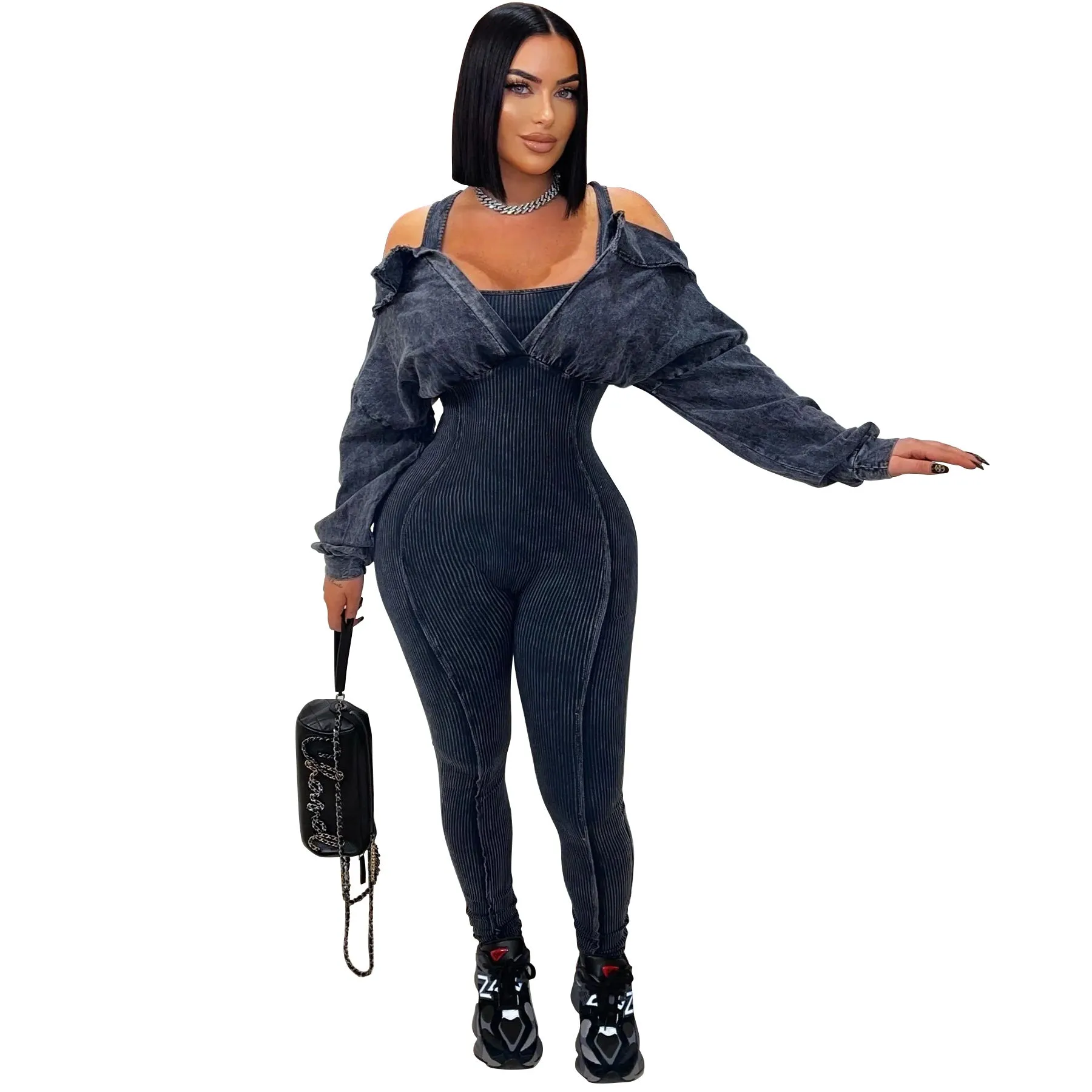 Washed Off-Shoulder Tight-Fitting Knit Jumpsuit