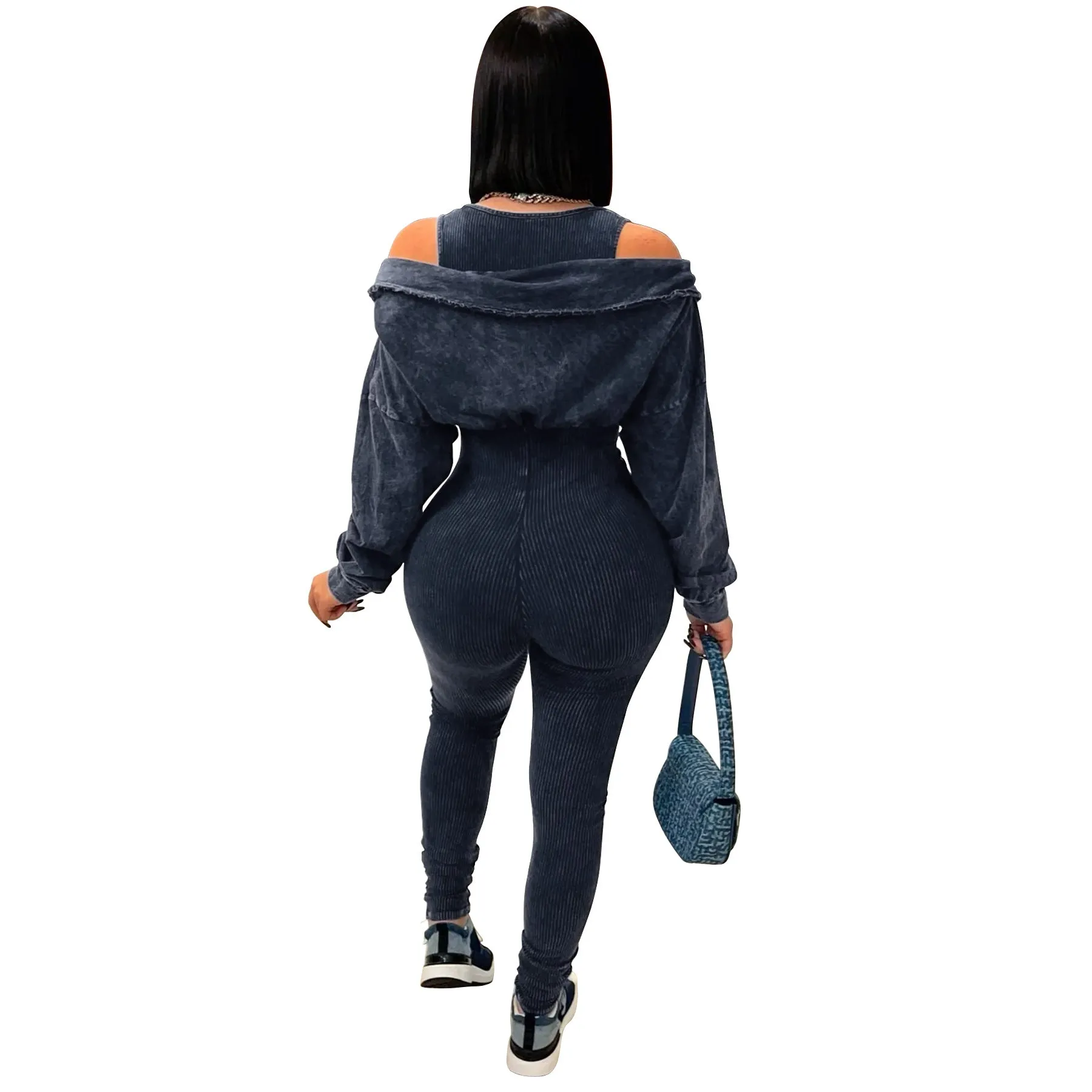 Washed Off-Shoulder Tight-Fitting Knit Jumpsuit