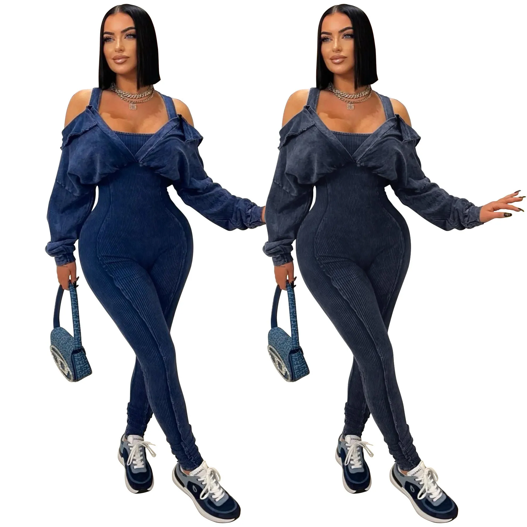 Washed Off-Shoulder Tight-Fitting Knit Jumpsuit