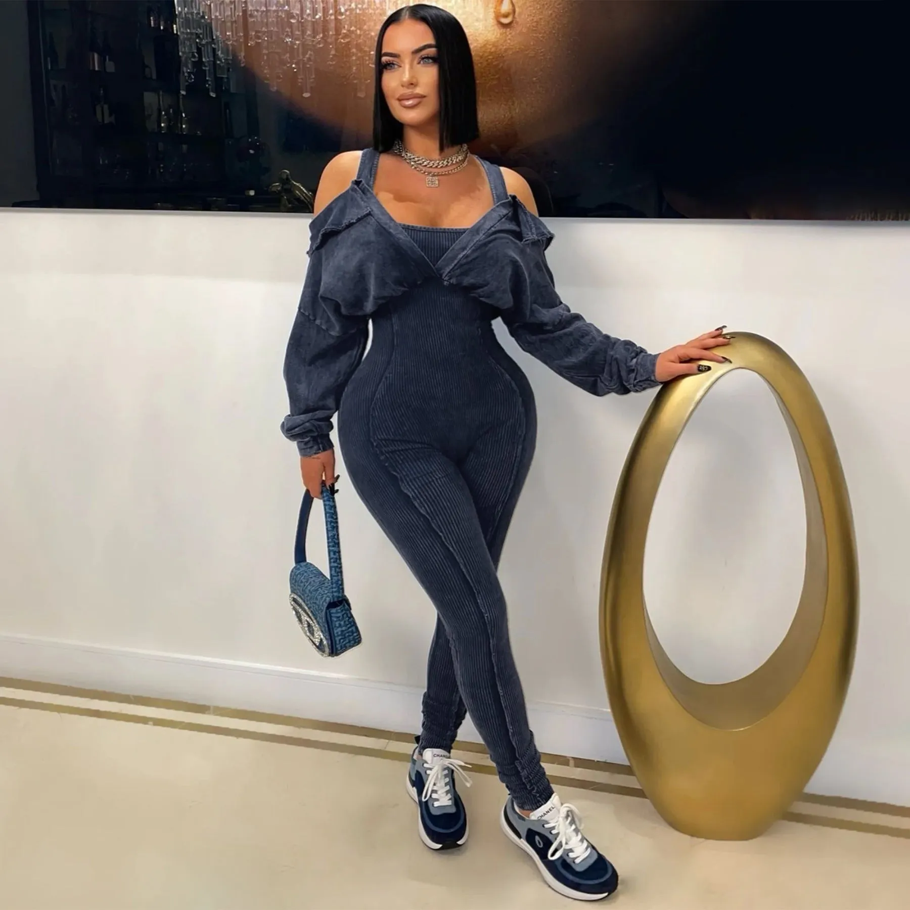 Washed Off-Shoulder Tight-Fitting Knit Jumpsuit