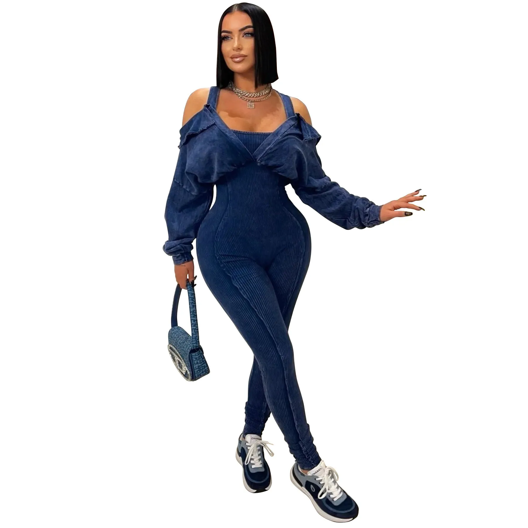Washed Off-Shoulder Tight-Fitting Knit Jumpsuit