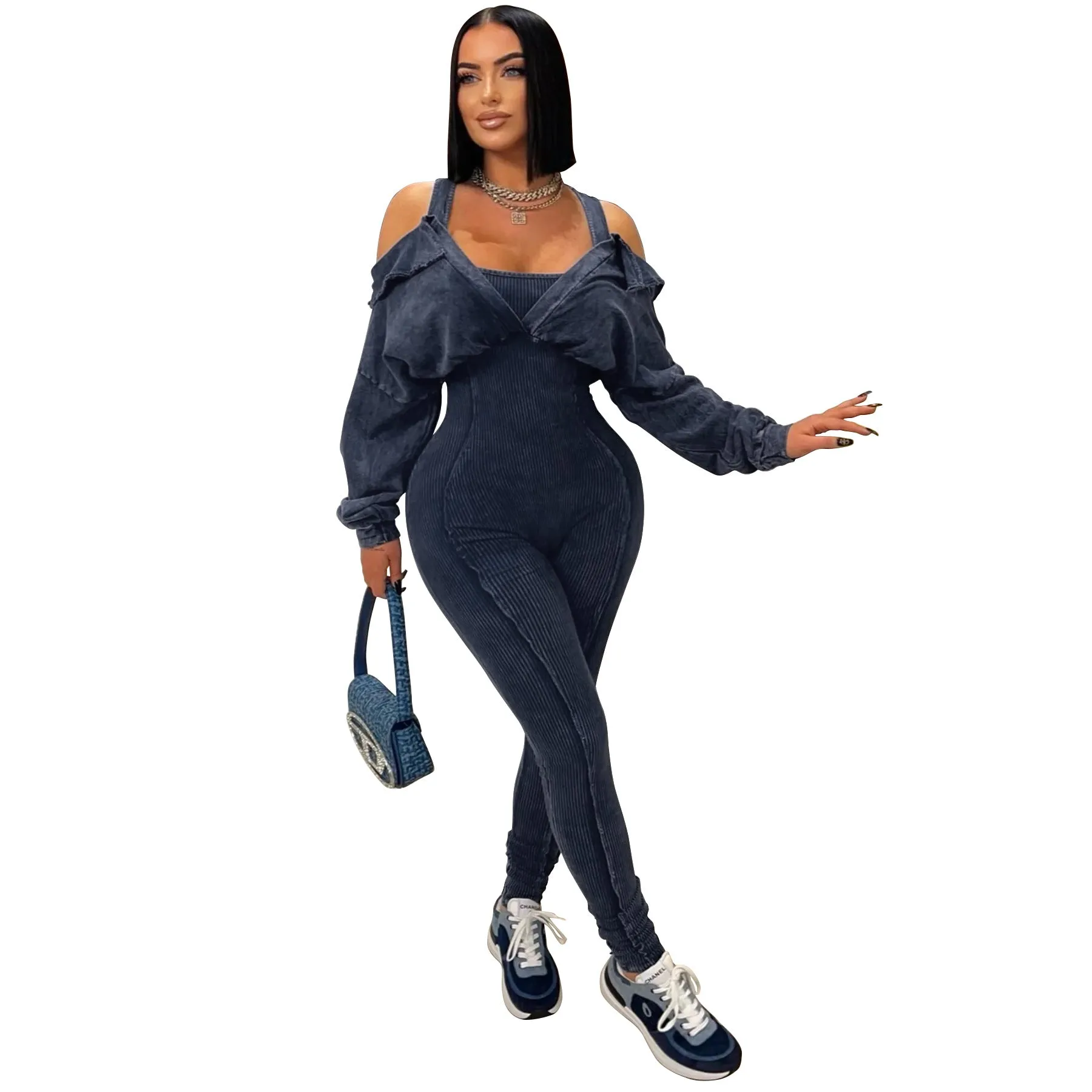 Washed Off-Shoulder Tight-Fitting Knit Jumpsuit