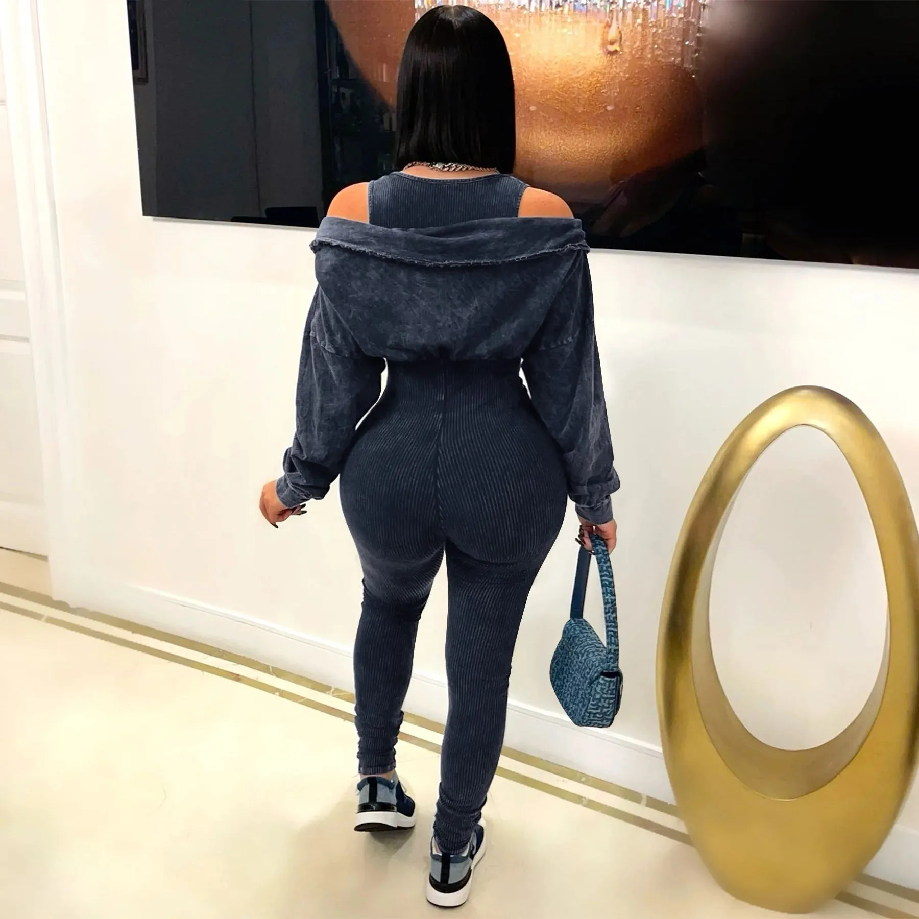Washed Off-Shoulder Tight-Fitting Knit Jumpsuit
