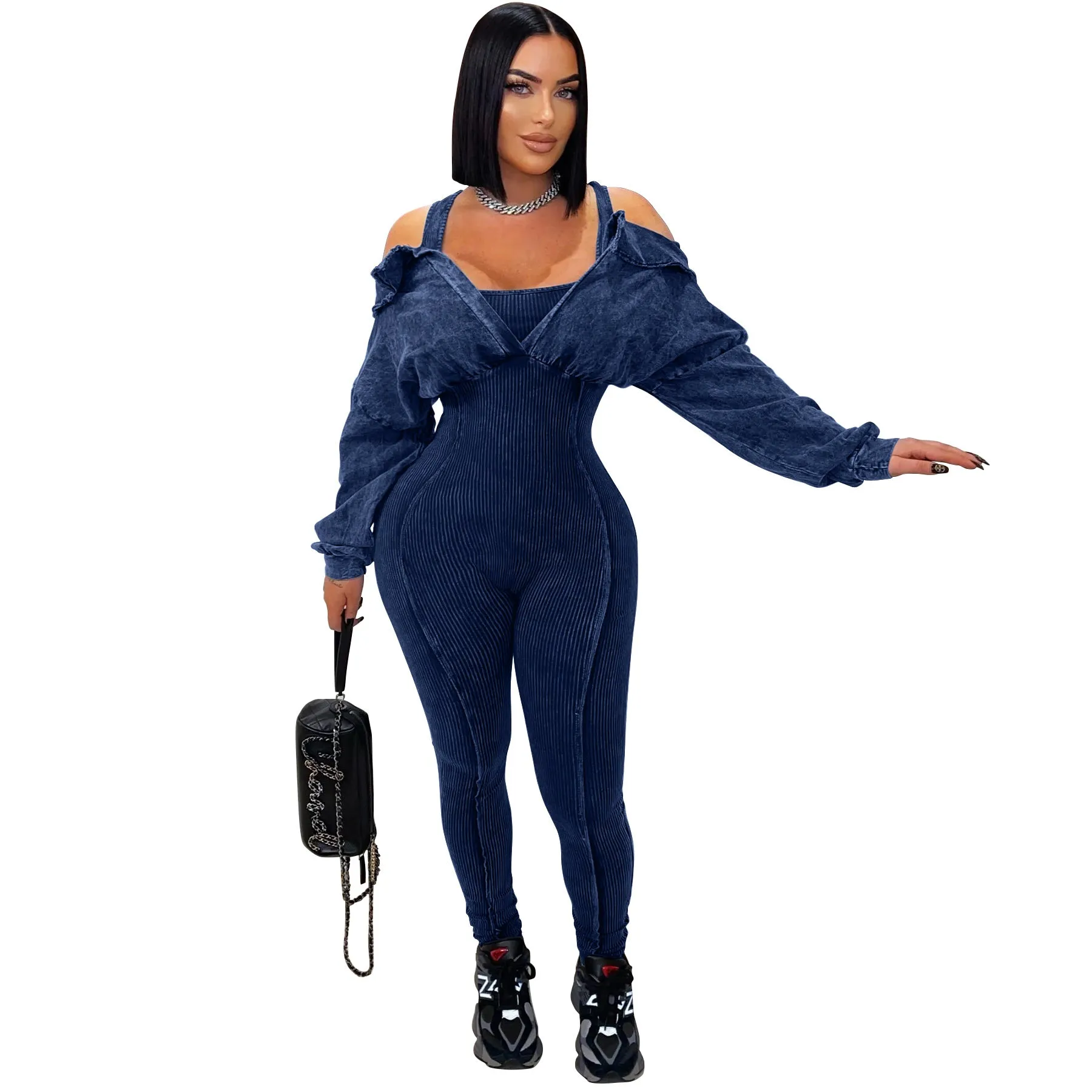 Washed Off-Shoulder Tight-Fitting Knit Jumpsuit