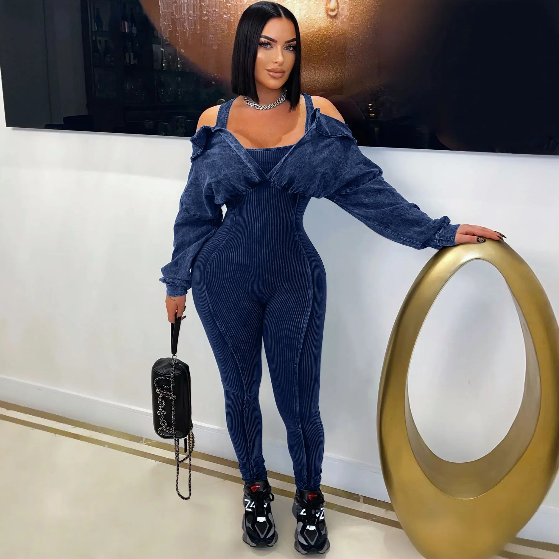 Washed Off-Shoulder Tight-Fitting Knit Jumpsuit