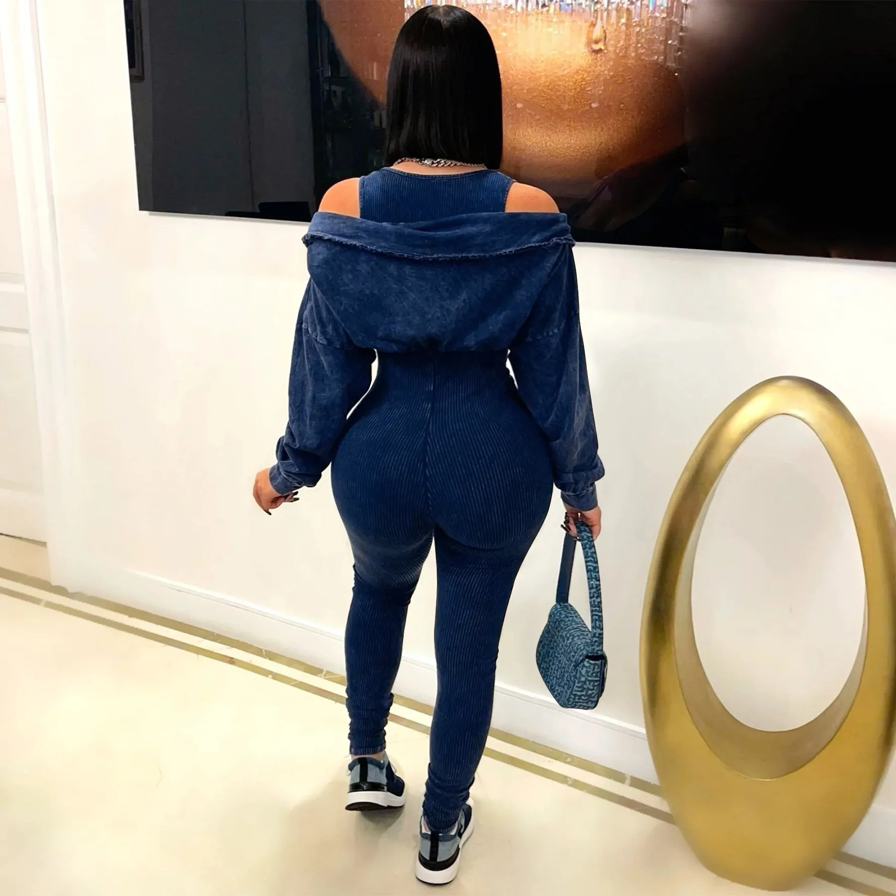 Washed Off-Shoulder Tight-Fitting Knit Jumpsuit