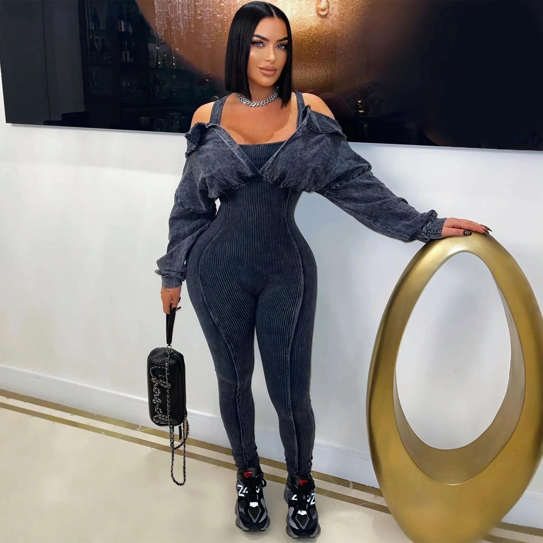 Washed Off-Shoulder Tight-Fitting Knit Jumpsuit