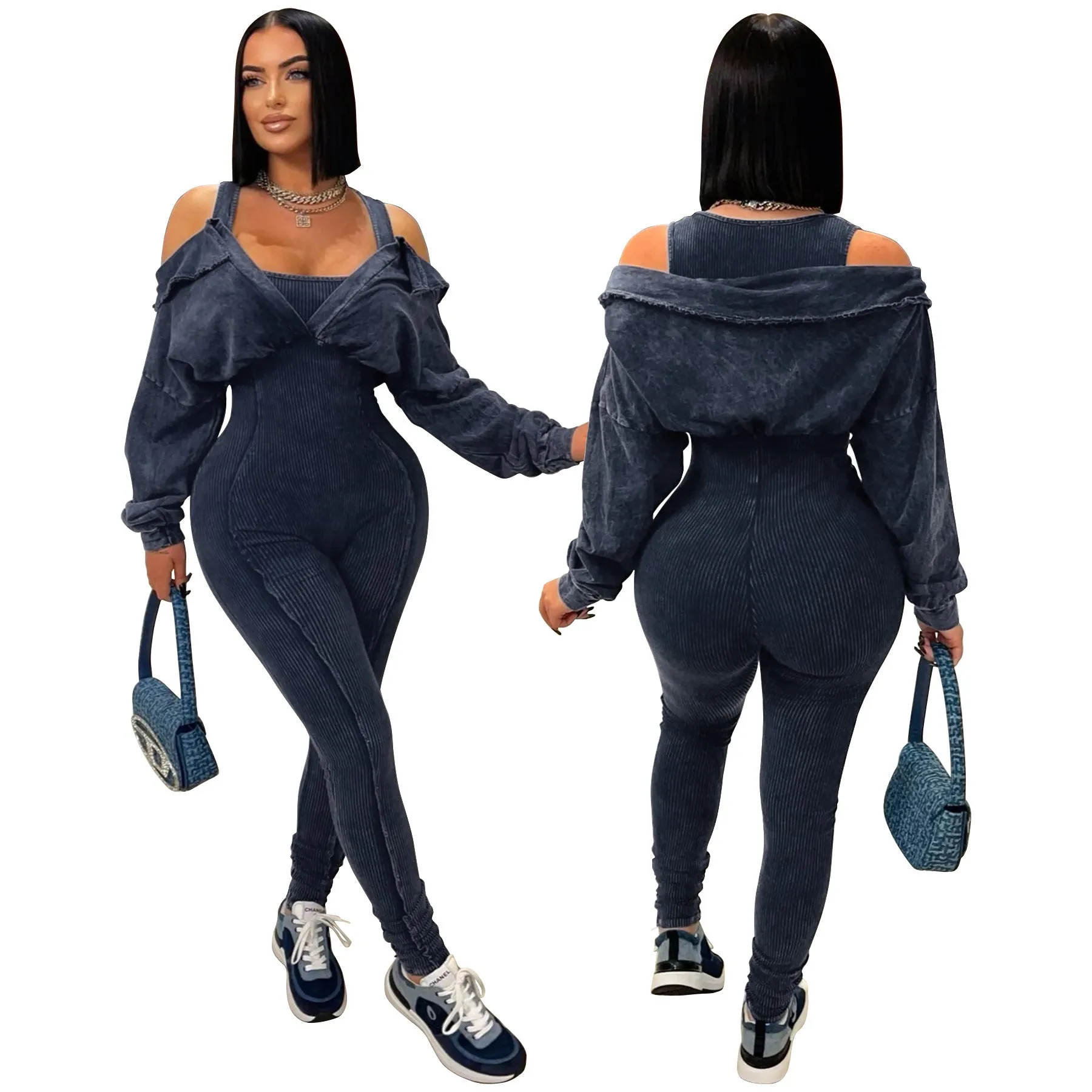 Washed Off-Shoulder Tight-Fitting Knit Jumpsuit
