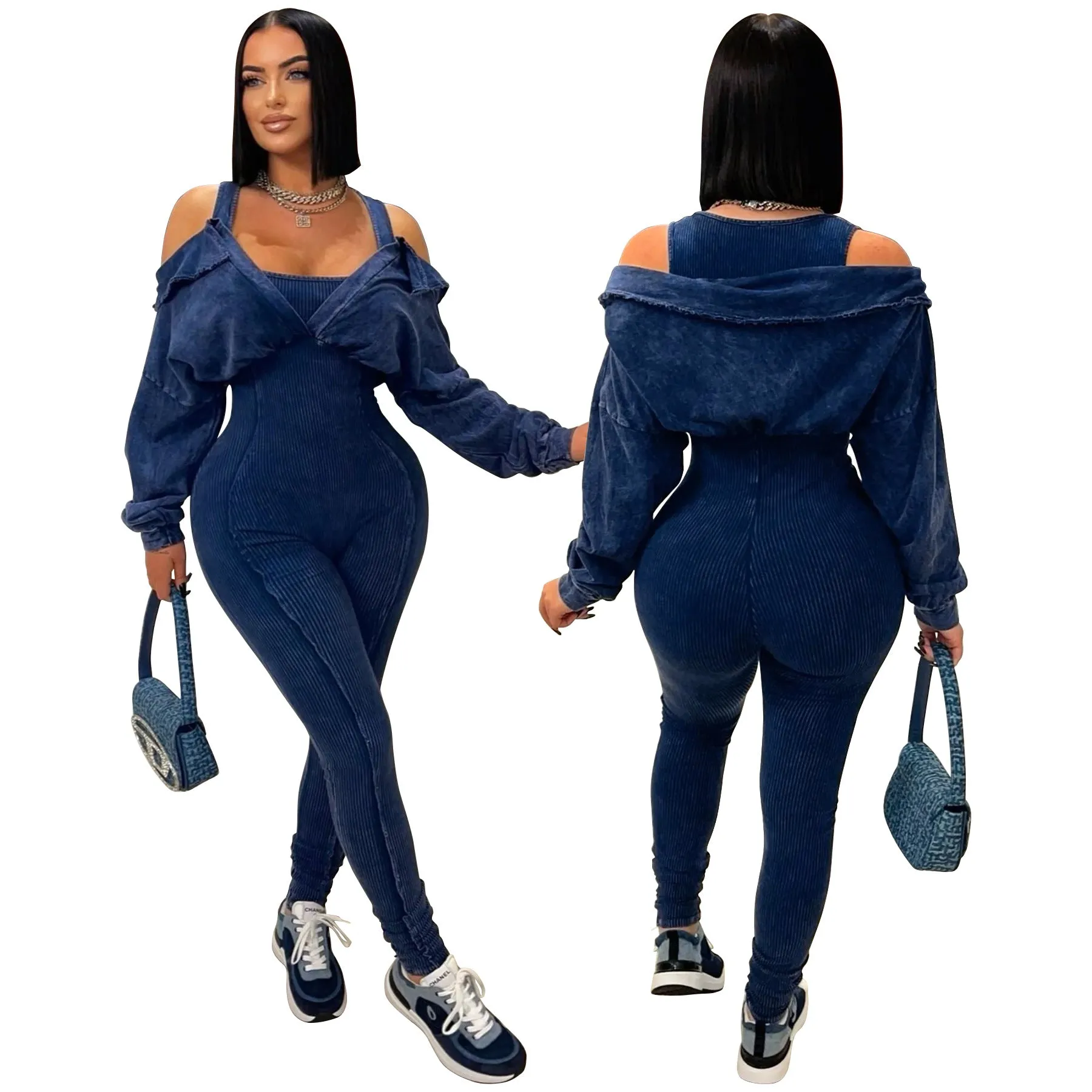 Washed Off-Shoulder Tight-Fitting Knit Jumpsuit
