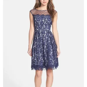 Wedding Cocktail dress Eliza J. Navy Lace illusion neckline women's size 2