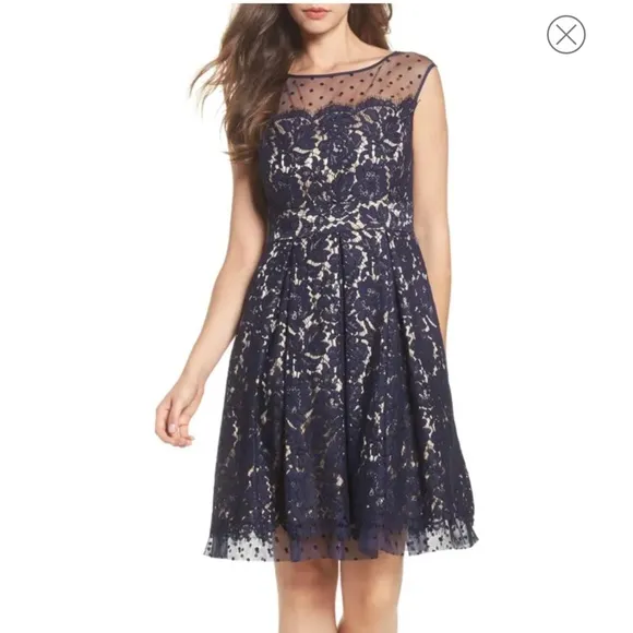 Wedding Cocktail dress Eliza J. Navy Lace illusion neckline women's size 2
