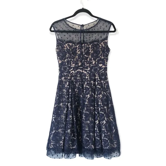Wedding Cocktail dress Eliza J. Navy Lace illusion neckline women's size 2