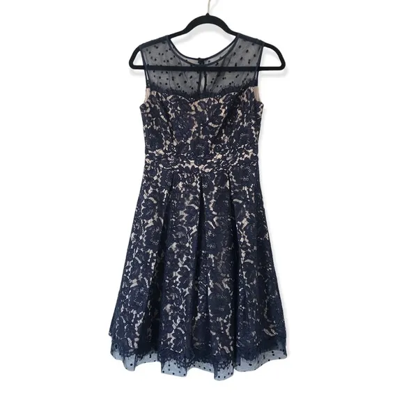 Wedding Cocktail dress Eliza J. Navy Lace illusion neckline women's size 2